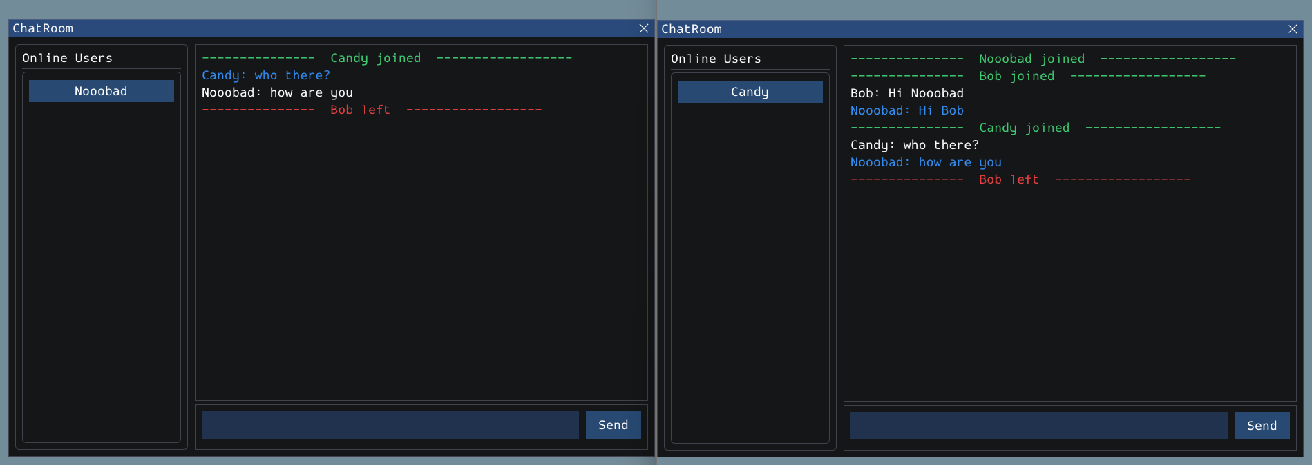 Two chat clients with synchronized presence updates