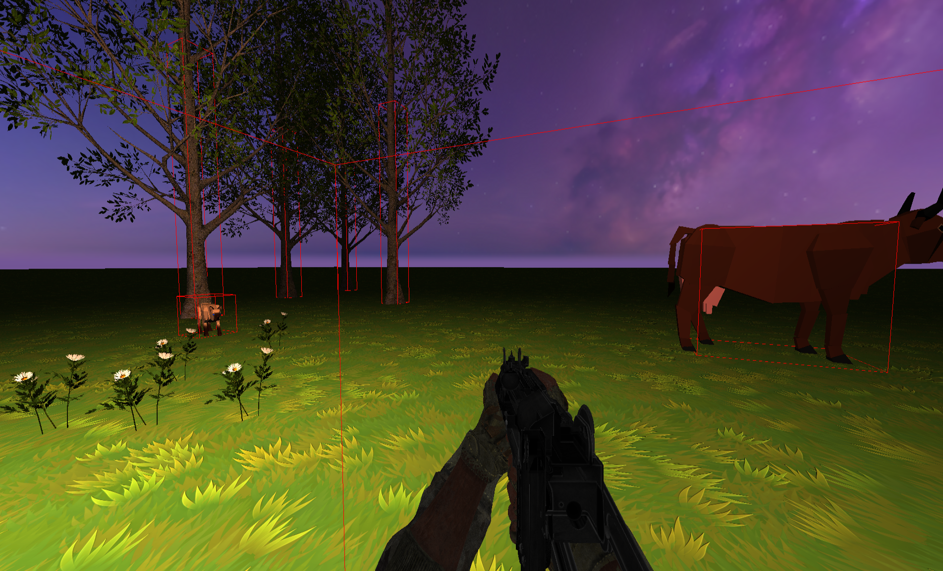 Collision debug volumes in the running FPS scene.
