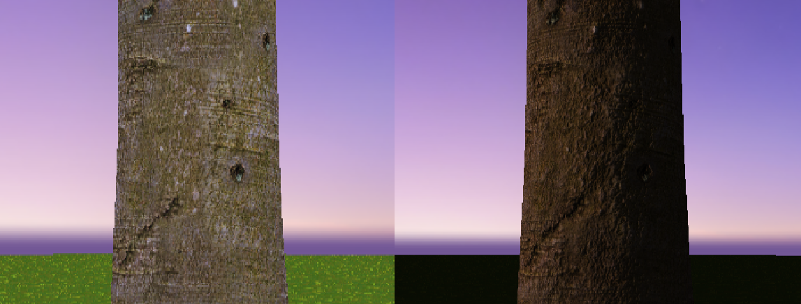 Tree-trunk shading comparison with and without normal mapping.
