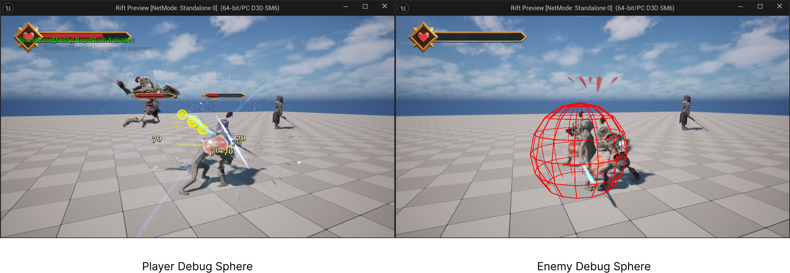 Report Figure 6: player weapon traces and enemy melee hit volumes during debugging.