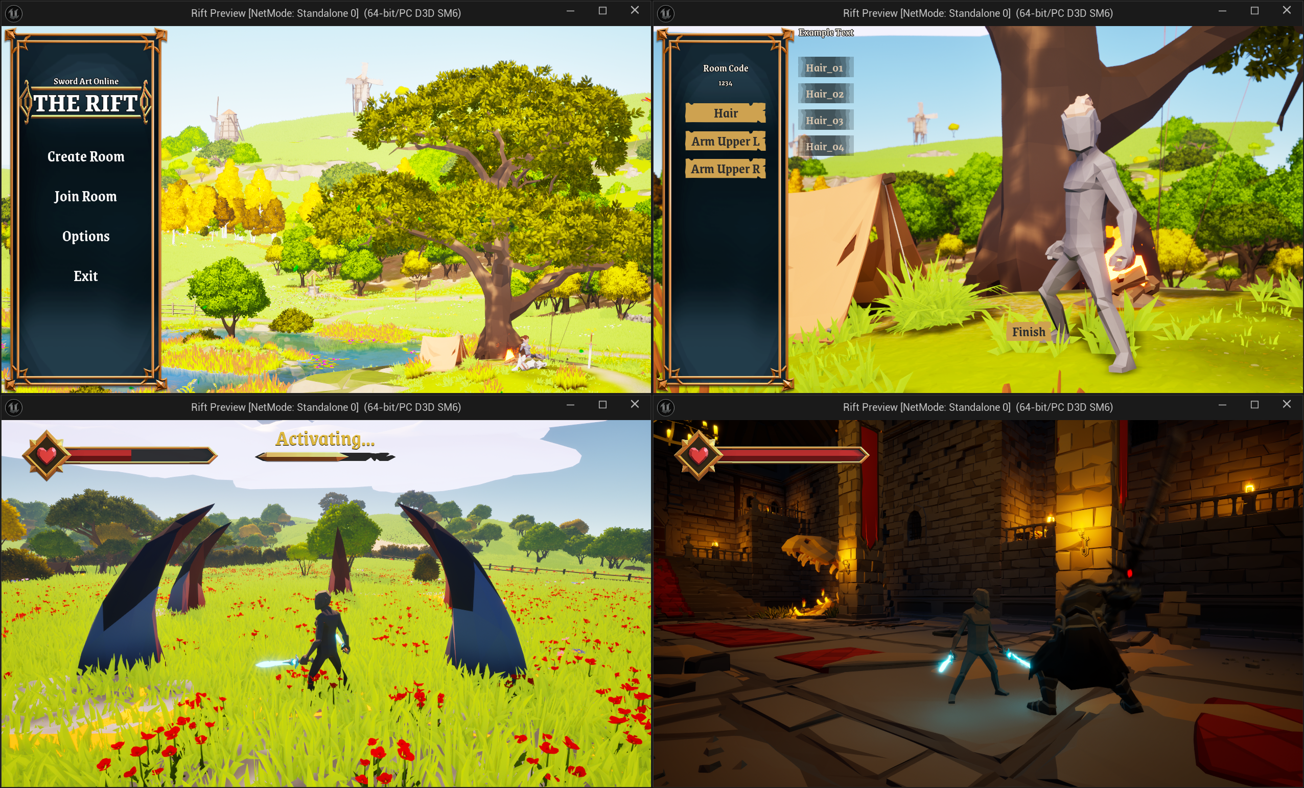Report Figure 1: main menu, lobby customization, teleport defense, and boss encounter.