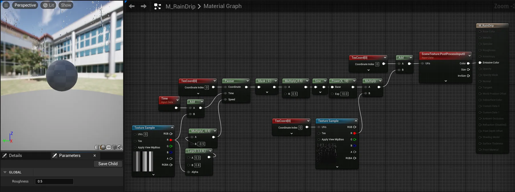 Post-process material graph and preview for animated rain droplets on the screen.