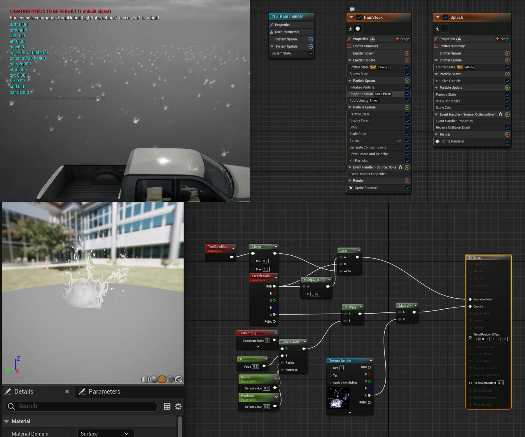 Niagara rain and splash emitters alongside the splash material graph.