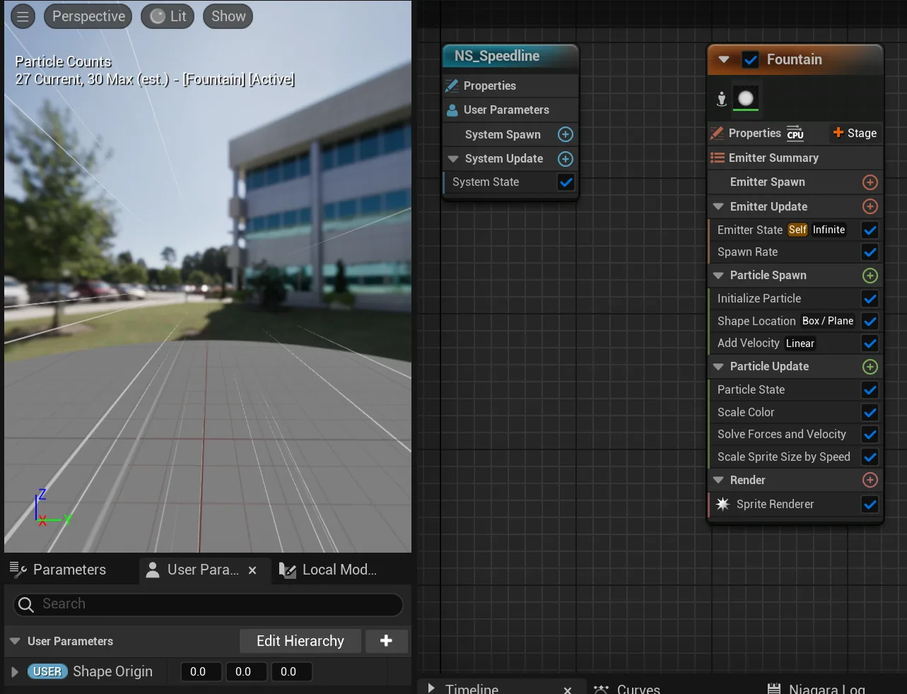 Niagara speed-line preview and emitter stack.