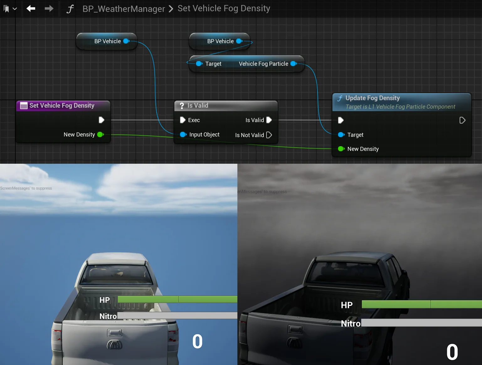 Blueprint call into the C++ vehicle-fog component with a clear and dense fog comparison.