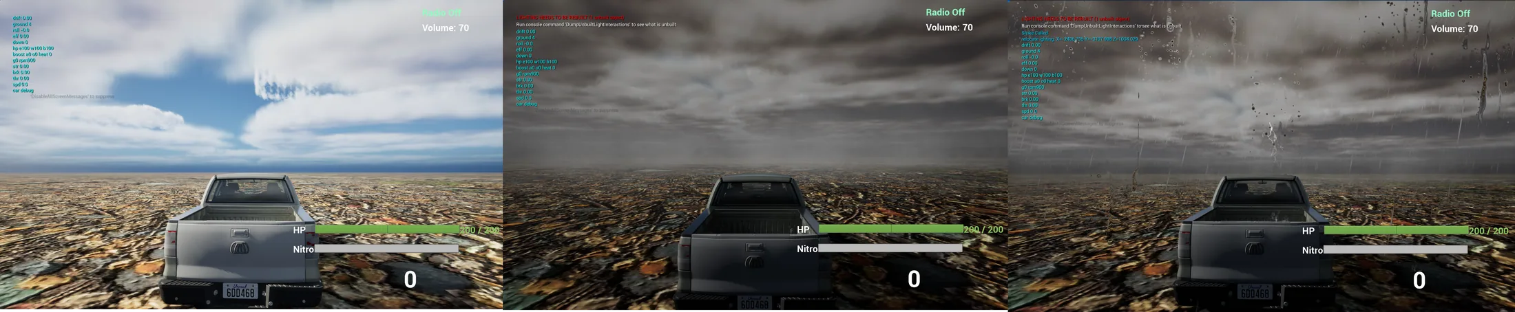 The same driving scene shown in sunny, overcast, and rainy weather.