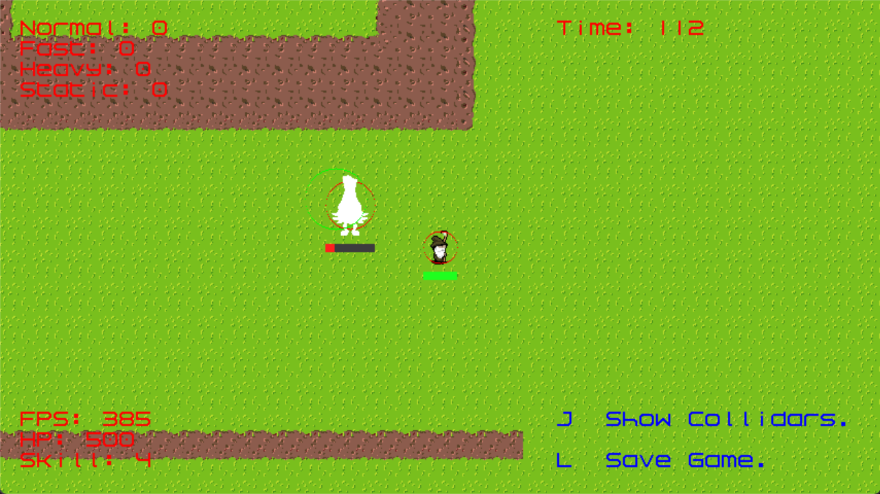 Green AOE impact rings on two enemies with collider debug circles still visible.