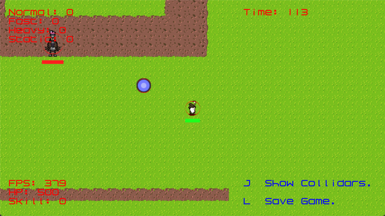 Live collision debug view with circles around the player and enemy while an automatic projectile travels between them.