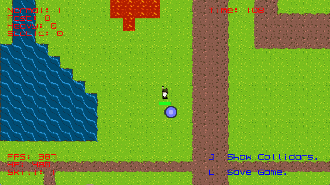 Fixed-map gameplay showing the authored water, path, and hazard layout with the player and an automatic projectile.