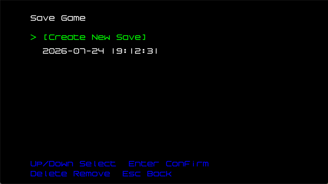 Save Game screen showing the create-new entry, a real timestamped save slot, and keyboard controls.